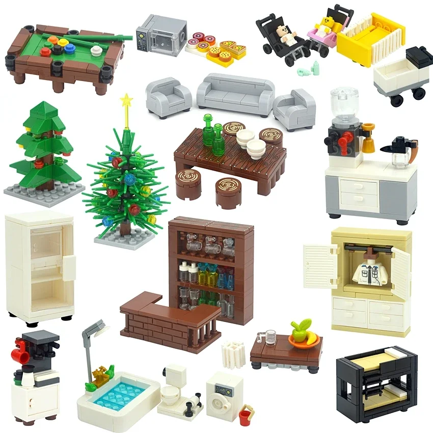 MOC Creative Furniture TV Sofa Brick City Accessories Xmas Tree Book Desk Dining Table Bathroom Door Building Block House Scene