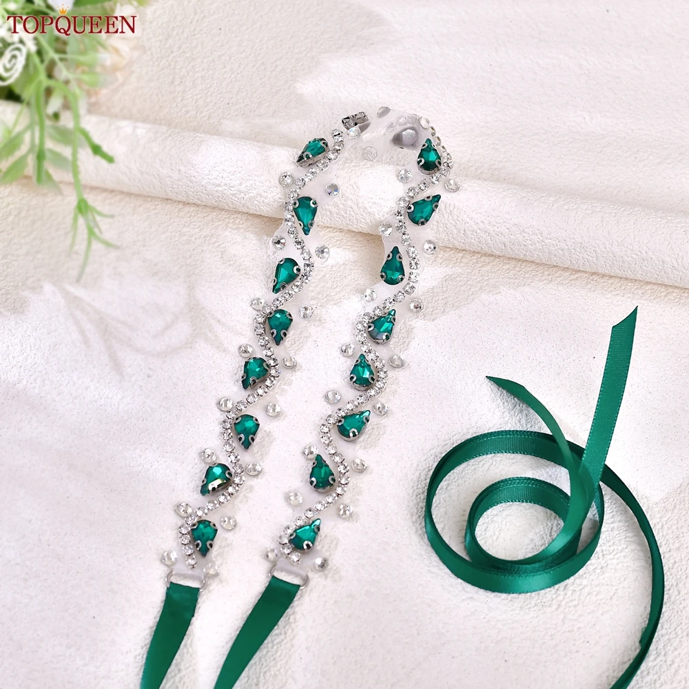 TOPQUEEN Bridal Belt Green Rhinestone Styling Dress Waist Decoration Hand Sewing Wedding Accessories Adjustable Ribbon Belt S223