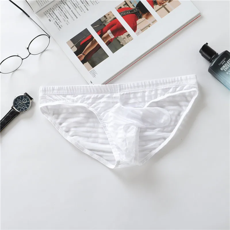 Men\'s Stripe Mesh Underpants Elephant Nose Pouch Briefs Ultra-Thin Bikini Slip Homme Ice Silk Transparent Jockstrap Tanga Slip