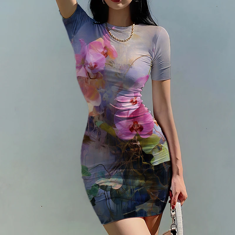 Summer new lady slim dress flower 3D printed lady dress retro painting style ladies slim dress trend fashion ladies slim dress