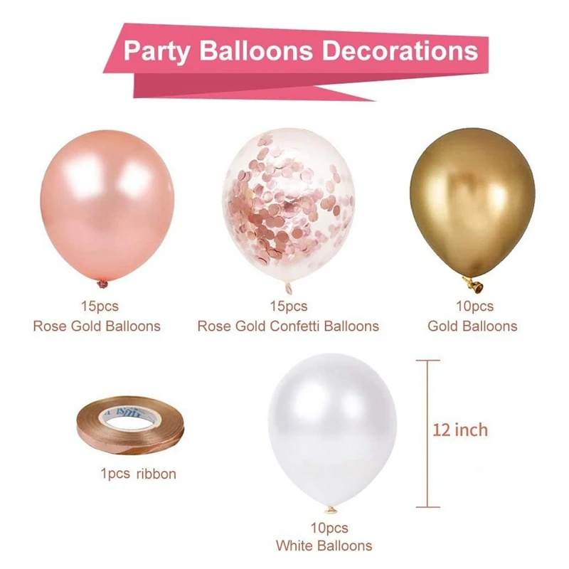 51 Pcs 12 Inch Rose Gold White Confetti Latex Balloons Set, With Rose Gold Ribbon For Birthday Party Wedding Baby Shower