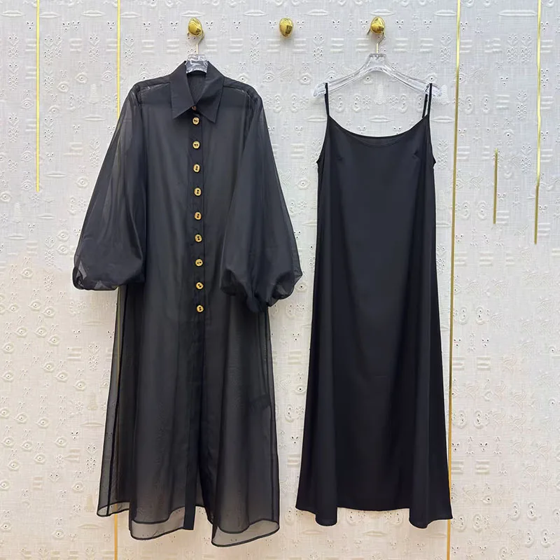 Robe chemise en dentelle noire à col simple boutonnage pour femmes, robe de soirée de haute qualité, nouvelle collection 2026, robe semi-transparente deux pièces