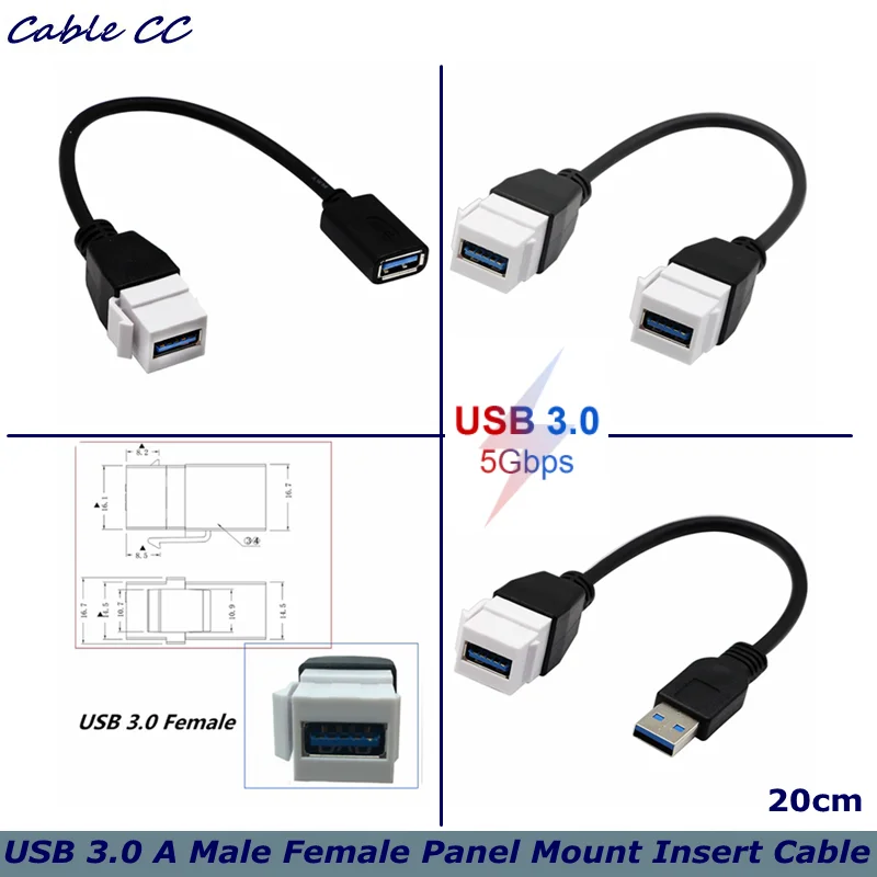 USB 3.0 Keystone Jack Inserts Cable, USB 3.0 A Male Female Keystone Insert Wall Plate Outlet Panel Adapters Connector Cable