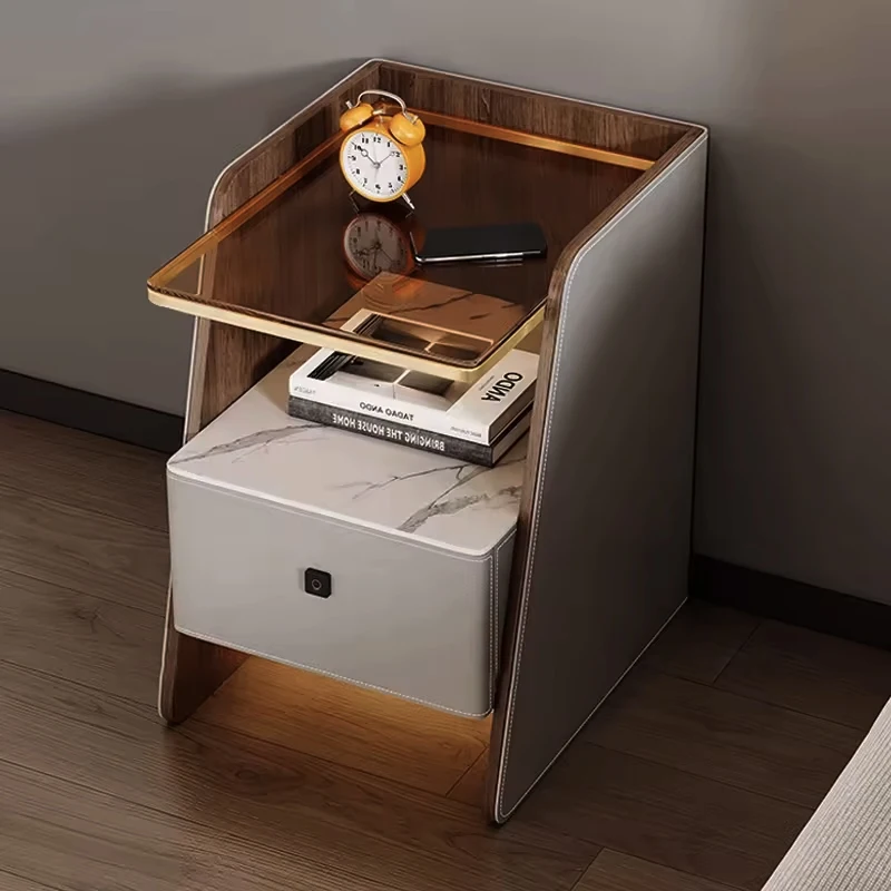 Lightweight Luxury Fingerprint Lock Multifunctional Bedside Table Modern Simple Saddle Leather Bedside Table