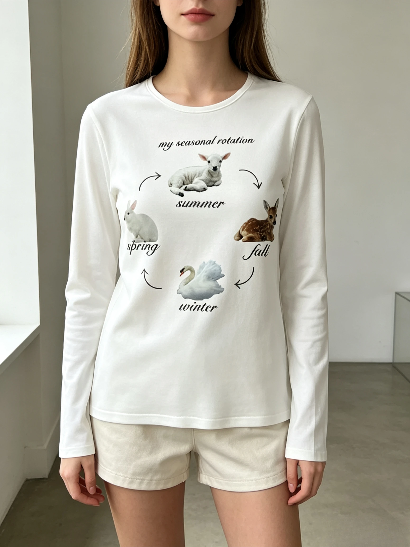 My Seasonal Rotation Animal Print Long Sleeve Tee Crew Neck Cute Rabbit Lamb Deer Swan Graphic Casual Street Basic Long T Shirt
