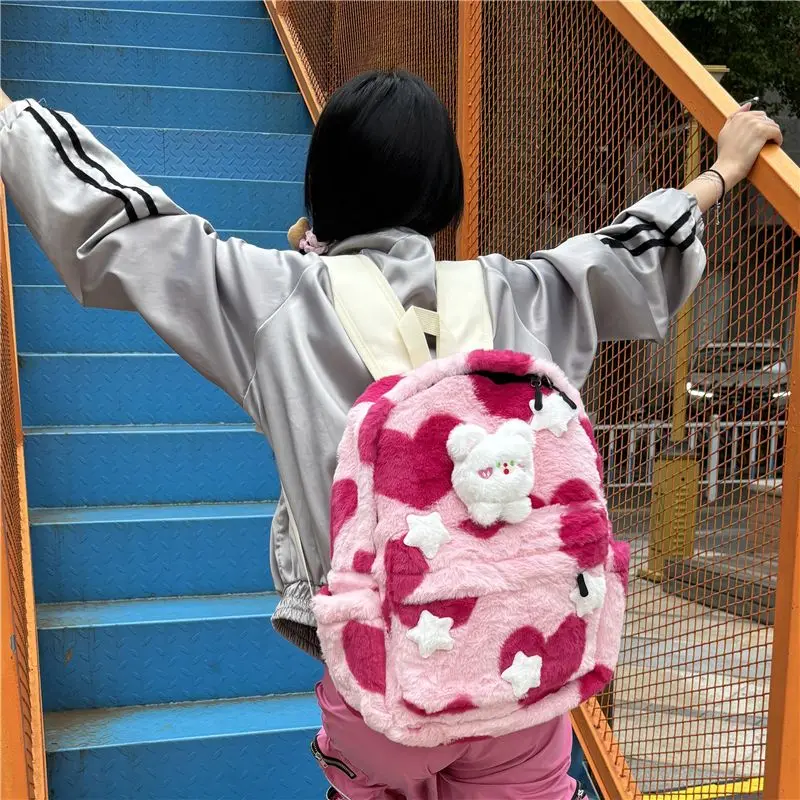 Y2k Girl Star Backpack Korean Fashion Large Capacity Fluffy Cute School Bag Harajuku Fur Kawaii Travel Bag Sweetwear 2023 Winter