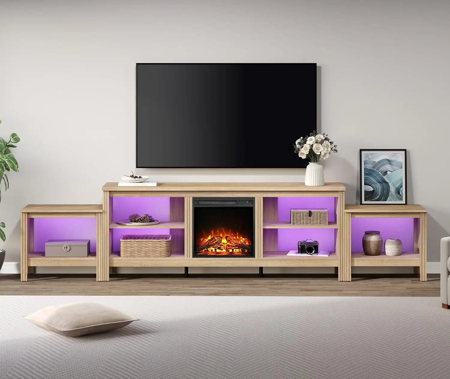 WAMPAT Fireplace TV Stand for 100 inch TV with RBG LED Light, Wood Entertainment Center for 80 85 90 75 Inch TV with 6 Cubby,