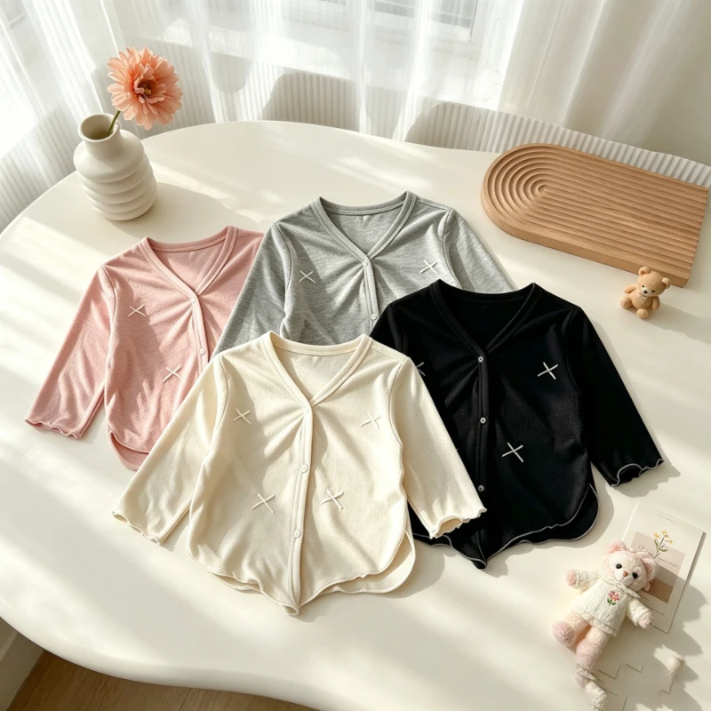 2026 Summer New Girls' Thin Bow Decoration V-neck Cotton Long Sleeved Air-conditioned Cardigan