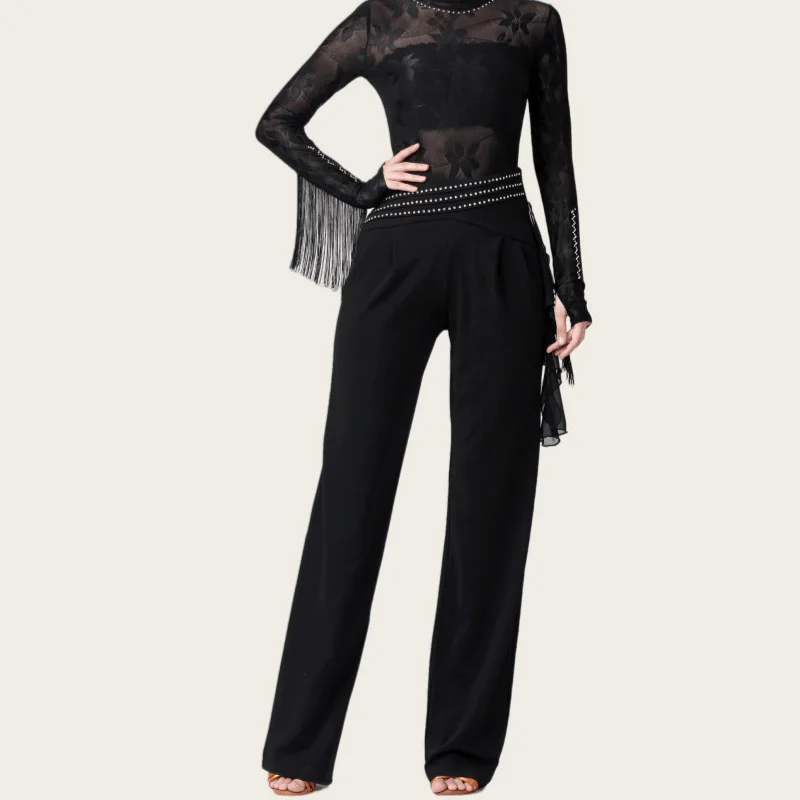 

New Women's Fitted Ruffle-Hem Diamond-Studded Dance Pants Versatile Latin & Ballroom Performance Stretch Straight-Leg Trousers
