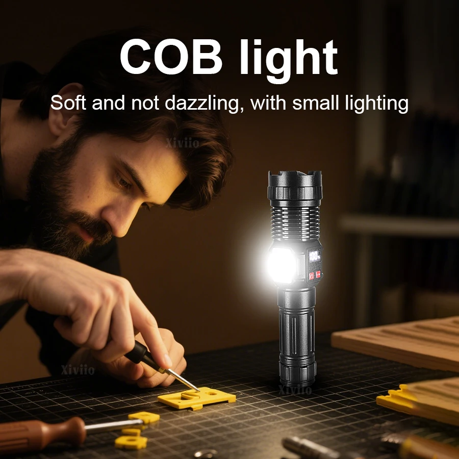 200000LM عالية قوة مصابيح كاشفة بلمبات LED مع عرض قابلة للشحن مصباح يدوي قوي التكتيكية الشعلة مصباح فانوس التخييم