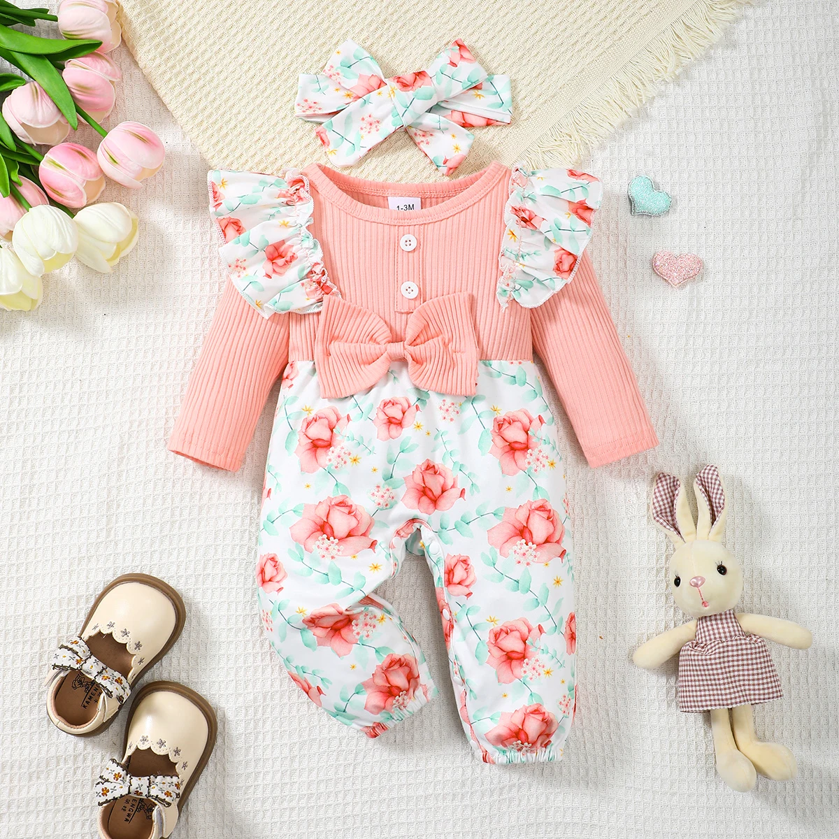 

Spring Autumn Newborn Baby Girl Romper Cute Floral Long Sleeve with Bow Bodysuit+Headband Infant faahion Girl Jumpsuit