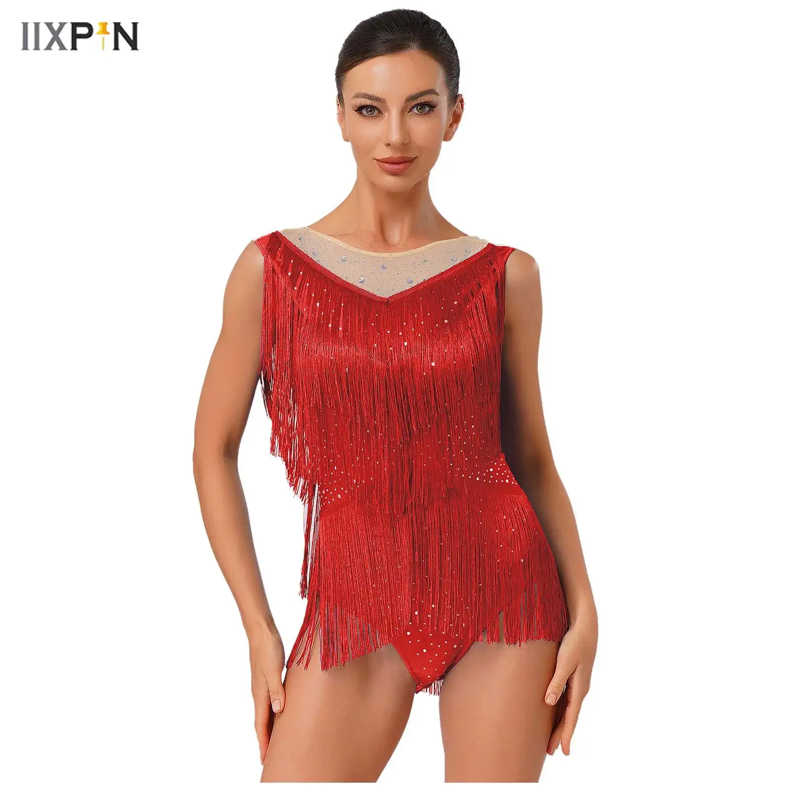 

Womens Latin Tango Dance Bodysuit Crew Neck Sleeveless Open Crotch Rhinestone Tassel Layered Leotard for Chacha Rumba Samba Wear