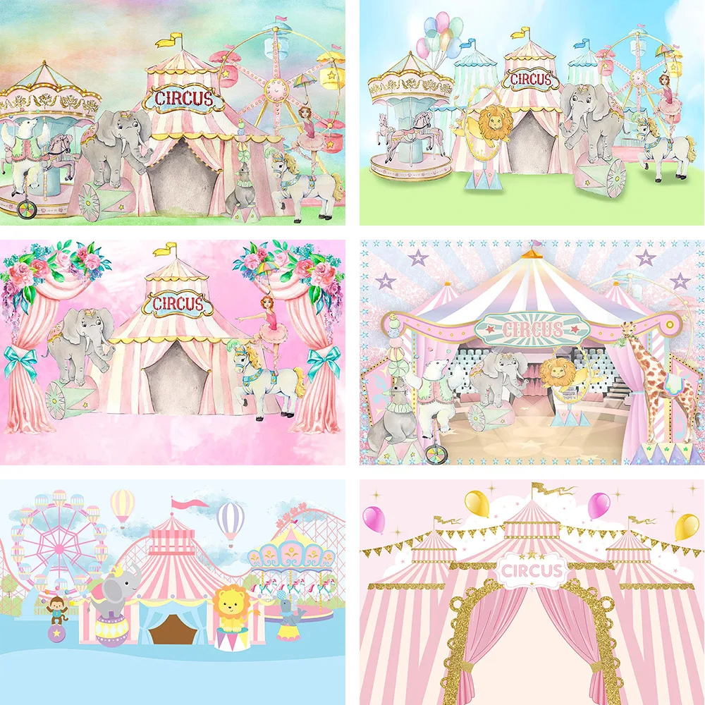 Circus Theme Birthday Baby Shower Party Backdrop for Photography Decor Pink Tent Animal Background For Photo Studio Prop