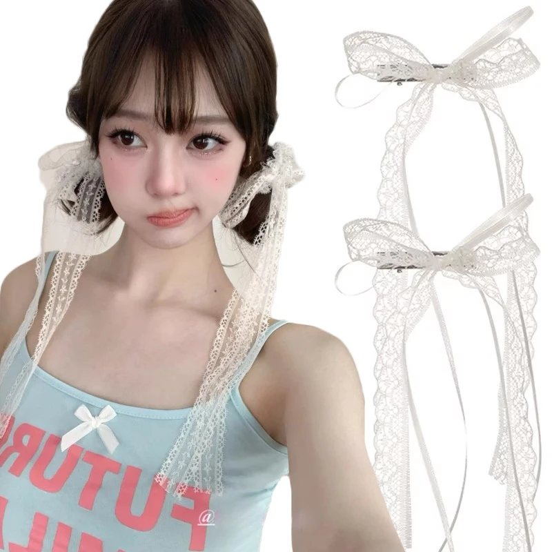 

2 шт., белые милые кружевные заколки для волос с длинным бантом для женщин и девочек, лента с кисточкой и бантом, заколки для волос, трендовые полые головные уборы