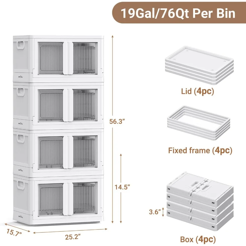 V6 Stackable Storage Bins with Lids, 19Gal Closet Organizers and Storage, Collapsible Plastic Storage Bins with Wheels