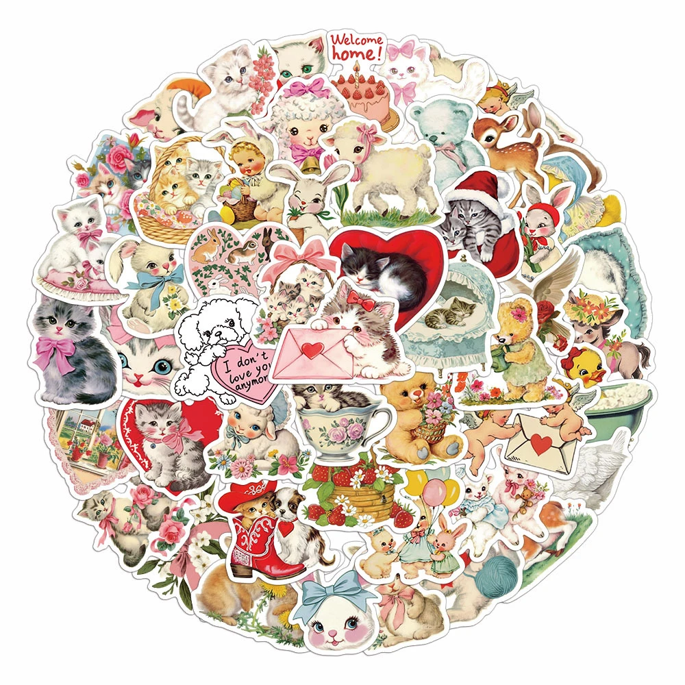 10/30/50pcs Vintage Animals Clipart Stickers Aesthetic Waterproof DIY Laptop Luggage Stationery Retro Cartoon Decoration Decals