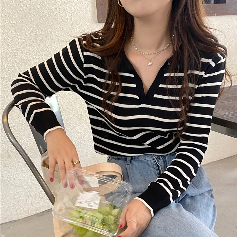 

spring Autumn Casual y2k Tops Long-sleeved Knitted Bottoming Sweaters Striped Pullover Polo collar Sweater Women's Early Jumpers