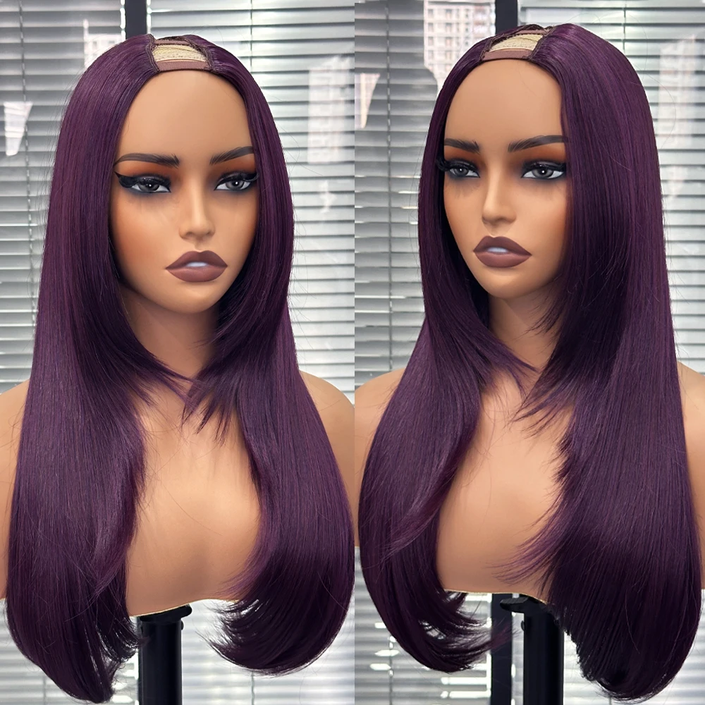 

Dark Burgundy Layered V Part Wigs for Women Straight Layers U Part Synthetic Heat Resistant Butterfly Haircut Glueless Wigs