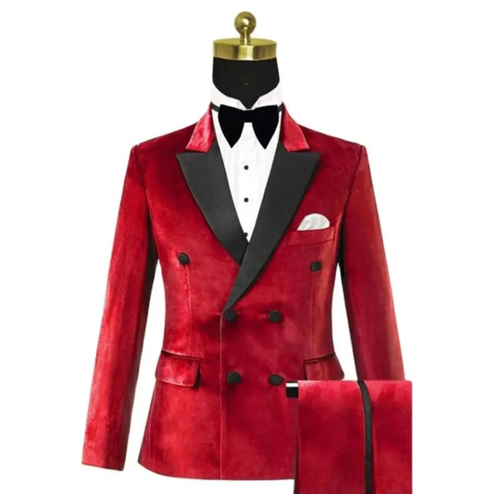 Red Velvet Men's Suits Formal Groom Wedding Tuxedos Customized Double Breasted Jacket Pants 2 Pieces Black Lapel Prom Blazers