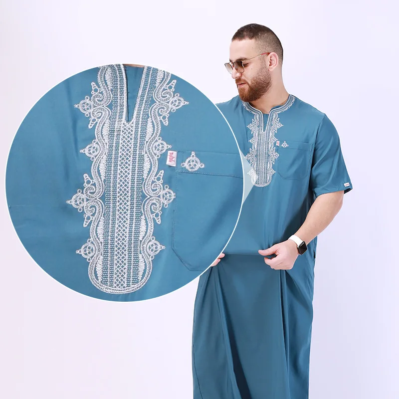 Islamic Clothing Jubba Thobe Muslim Robe Men Round Neck Embroidery Caftan Ramadan National Dress of Middle East Arab Traditional