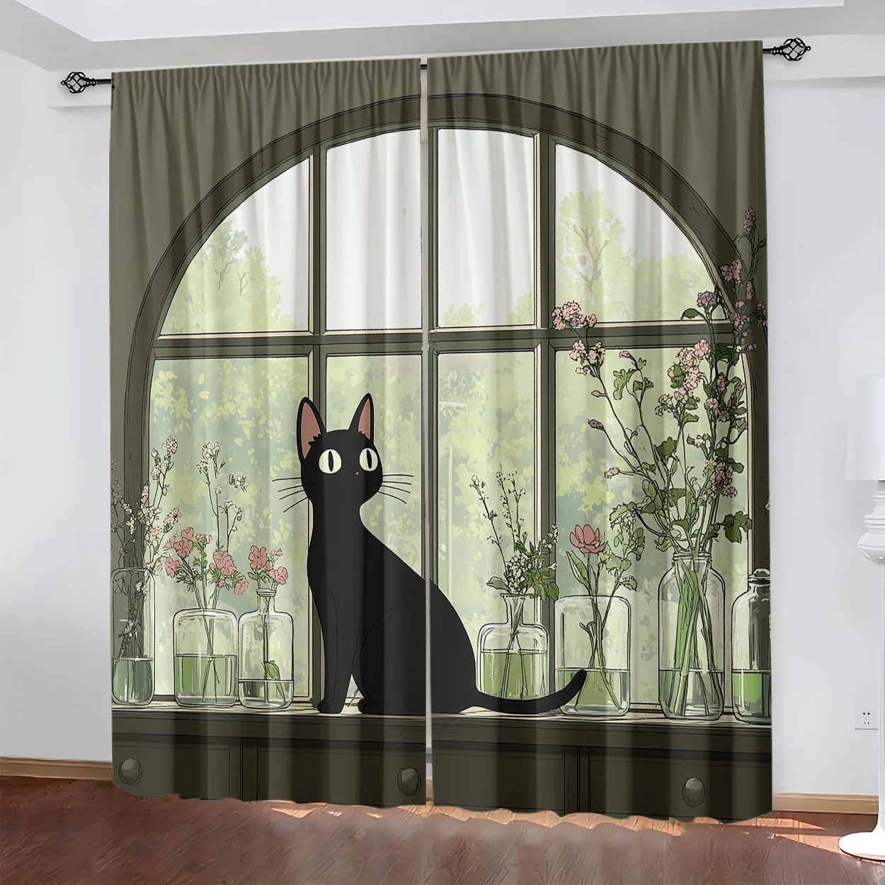 2pc chic black cat by window curtain with floral vases and green view for living room decor cozy anime style Without curtain rod