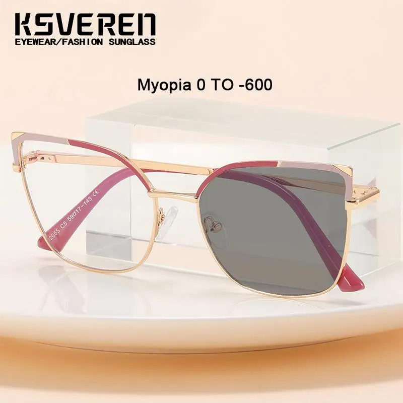 

KSVEREN Alloy Frame Photochromic Myopia Glasses Women Cat Eye Optics Finished Presc Nearsighted Eyewear -50 -1.25 -2.75 To -600