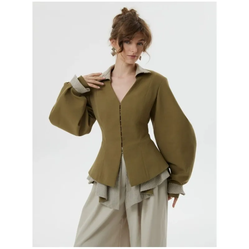 Peplum Coat Women Elegant Fitted Blazer Stand Neck Puffy Long Sleeve Back Corset Tie Slim Fit Removable Striped Decorative Hem