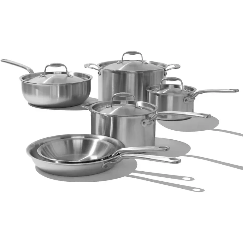 10 Piece Stainless Steel Pot and Pan Set - 5 Ply Clad - Includes Stainless Steel Frying Pans, Saucepans, Saucier and Stock Pot