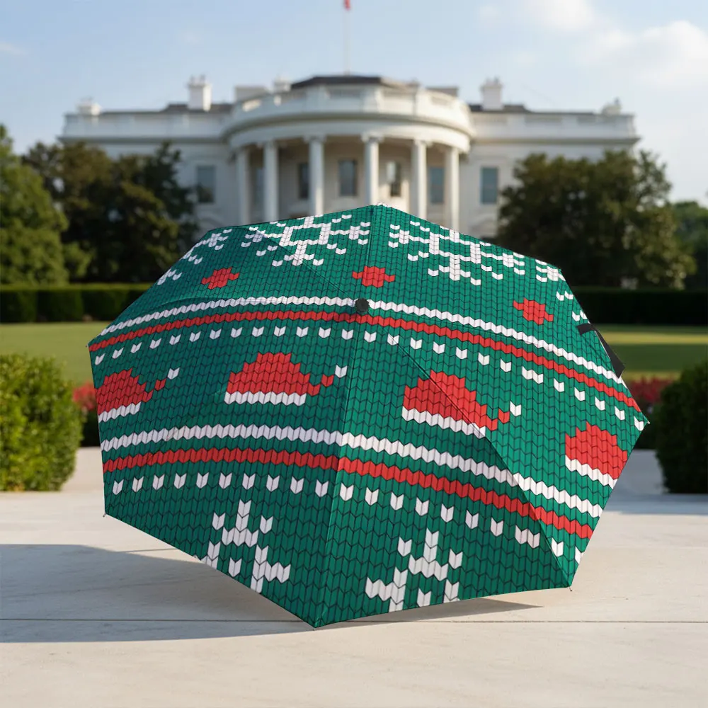 Festive Knit Design with Snowflakes and Santa Hats Compact Fashion Folding Umbrella for Daily Use, Christmas Gift