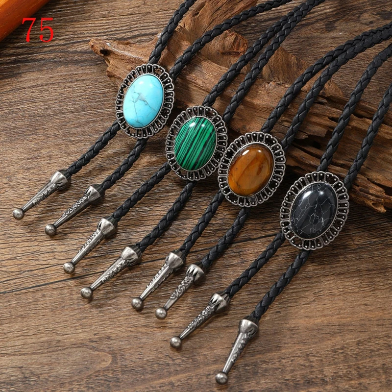 Vintage Elegant Stone Cowboy Black Hat Bolo Tie with Gemstones Leather Rope Pendant Necktie Jewelry Western Tie for Men Women