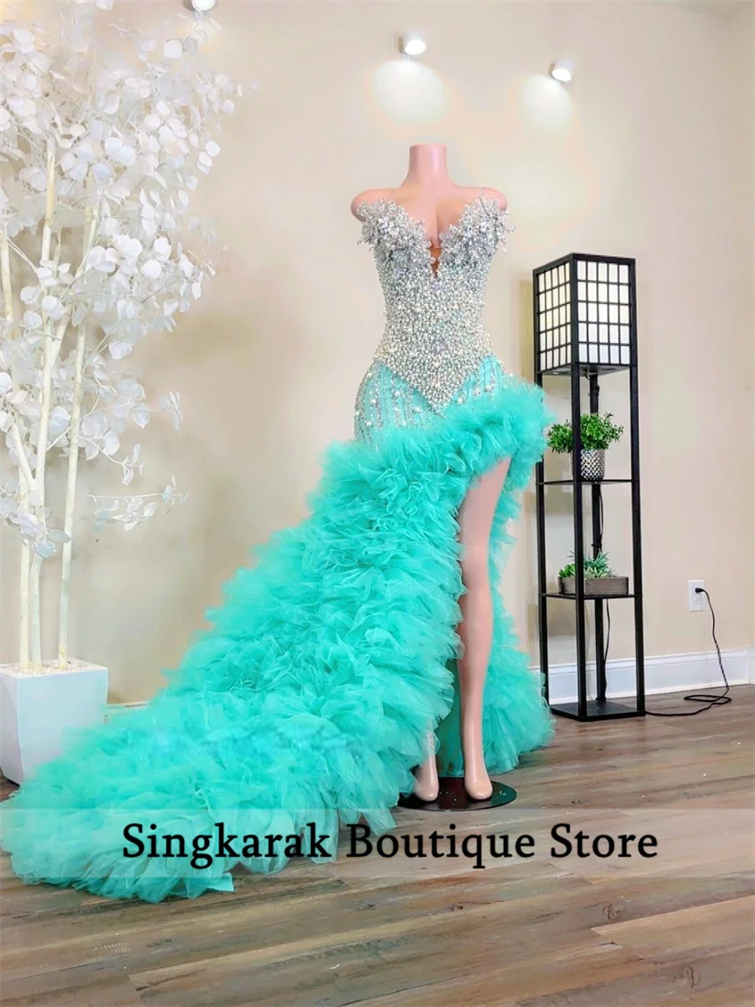 

Платье русалки для выпускного вечера с синими оборками и блестками по индивидуальному заказу, черное платье для девочек с высоким разрезом и жемчугом, расшитое кристаллами и бисером, платье для дня рождения