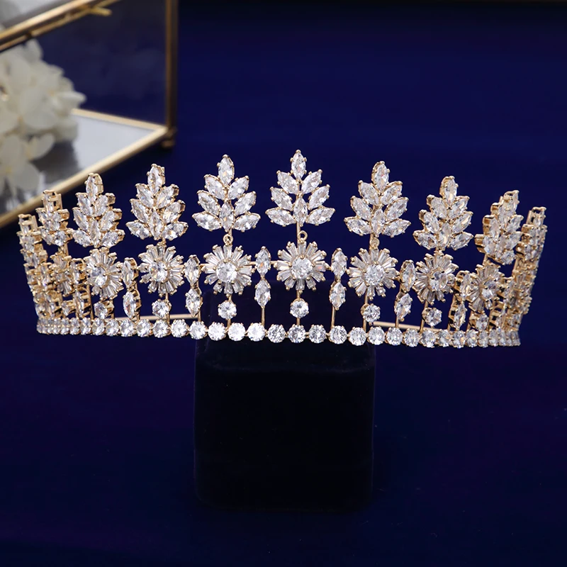 Oversize Royal Princess Tiaras and Bride Wedding Headband Leaves Zircon Queen Crown Jewelry