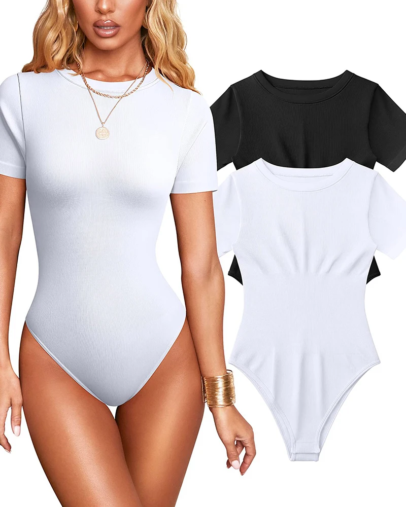 Seamless Shaperwear Women's Bodysuits Sexy Ribbed One Piece O-Neck Short Sleeve Double Lined Thong Tummy Control Body Shapers