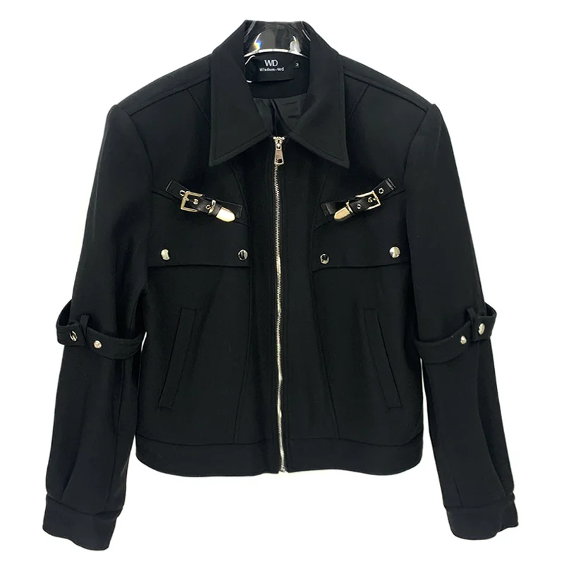 Autumn Winter Trendy Metal Buckle Design Short Jacket Stylish Men's Personality Loose Casual Turn-Down Collar Long Sleeve Coat