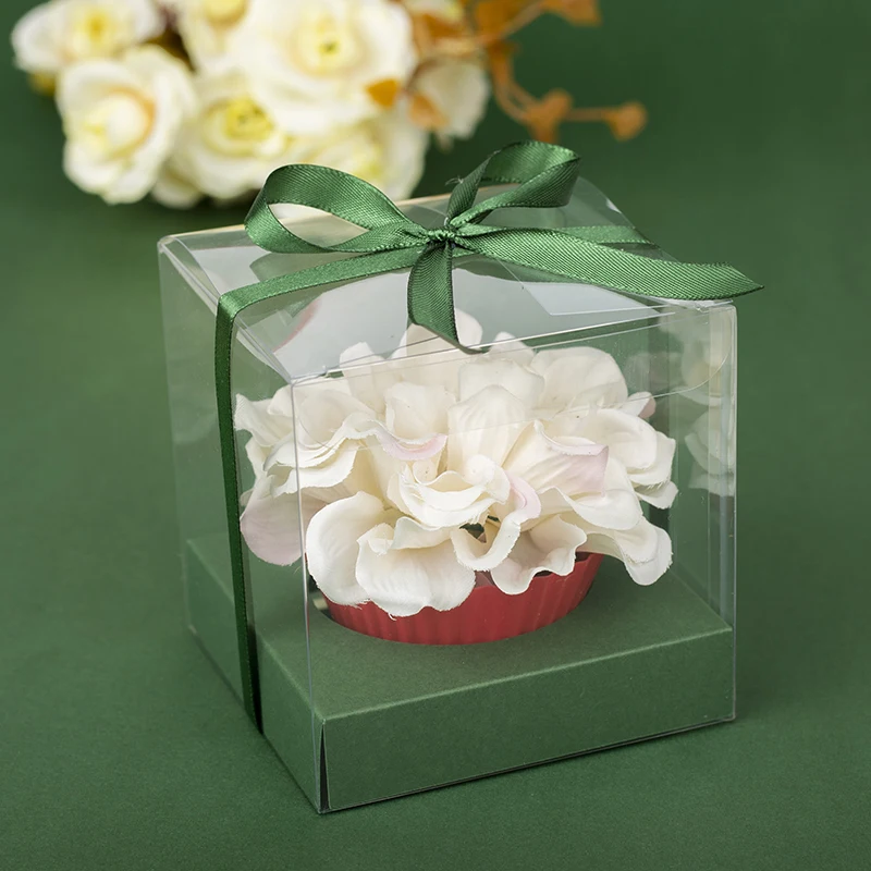 48 Set Forest Green Clear PVC Cupcake Boxes with Hold and Ribbon for Wedding Party Favors (Classic Series)