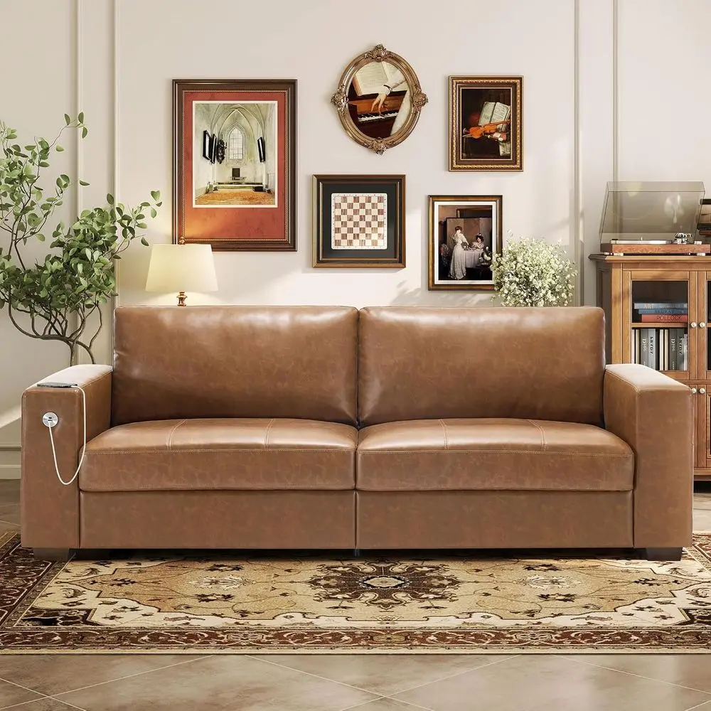 

Faux Leather 89" Sofa for Living Room, Modern Comfy Sofa with Medium Firm Seat Cushion, Removable Cover,Wide Armrest,USB/Type-C