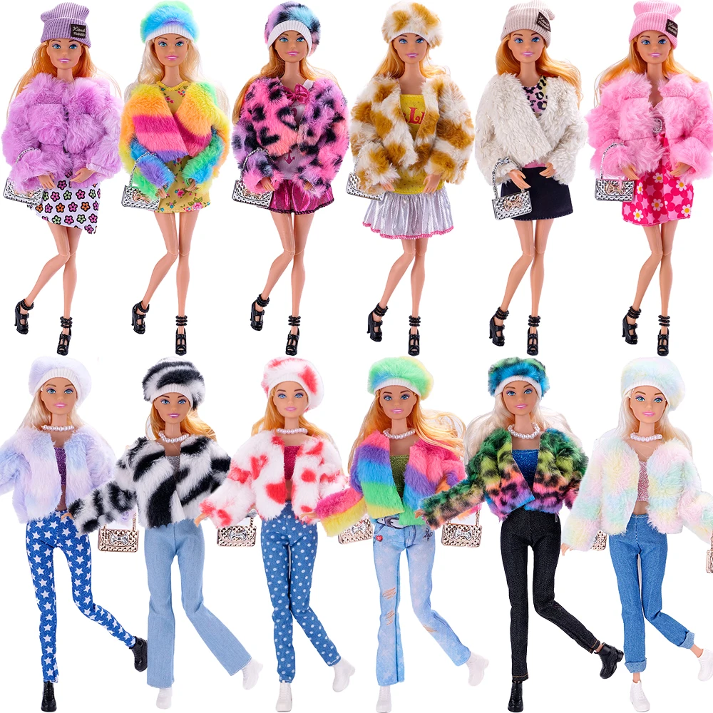 5Pcs/Set Plush Jacket+Skirt+Jewelry Colorful Leopard Print Fur Coat For barbies Doll Clothes Accessories Shoes 1/6BJD Dolls Gift