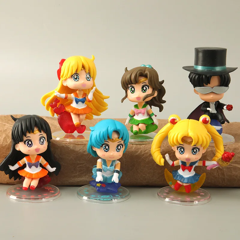 6pcs Q Version Sailor Anime Figure Moon Mercury Mars Jupiter Venus Uranus Neptune Pluto Chiba Mamoru Pvc Figures Toys Model