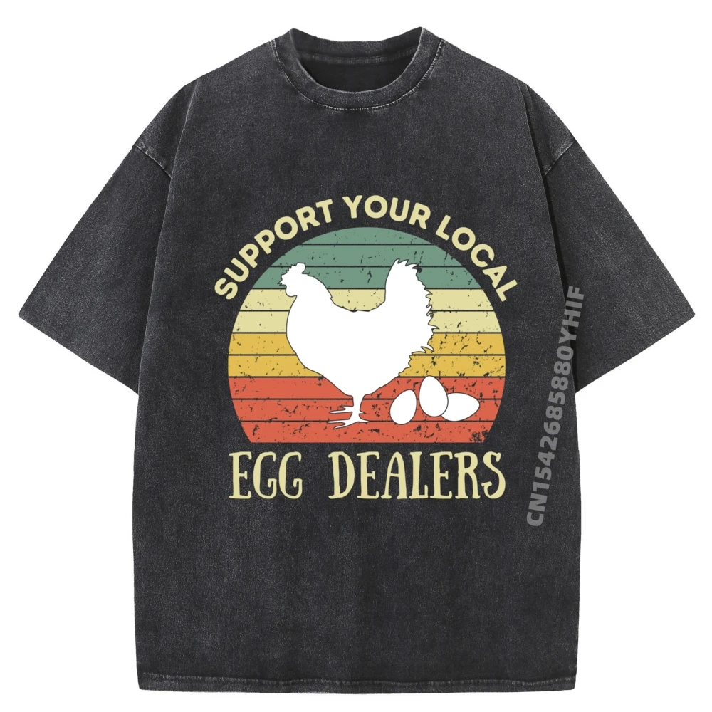 

Support Your Local Egg Dealers Graphic Tees Casual T-Shirt Retro Washed T Shirt Mens Clothing Printed Tees