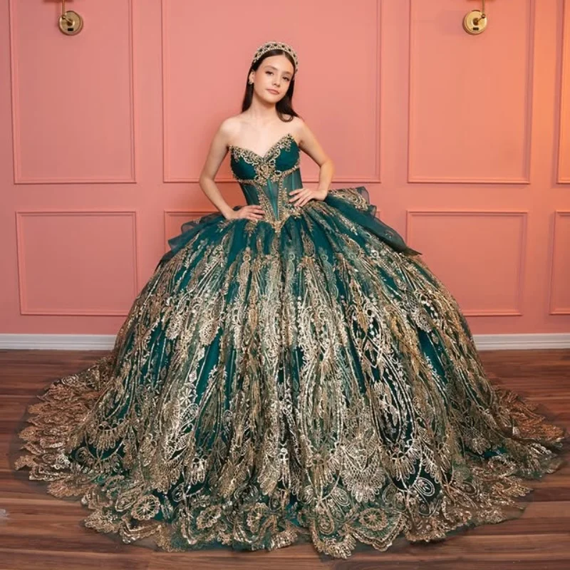 

Dark Green Quinceanera Dresses Off the Shoulder Golden Glitter Layering Decal Long tail Bow Vestido De 15 Quinceanera Customize