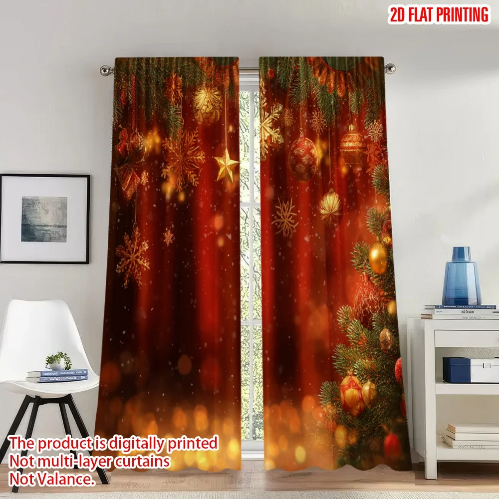 

2pcs 2D flat printing Classic Christmas Curtains Christmas Stars Ornaments Tree Digital Printed Polyester Drapes Holiday
