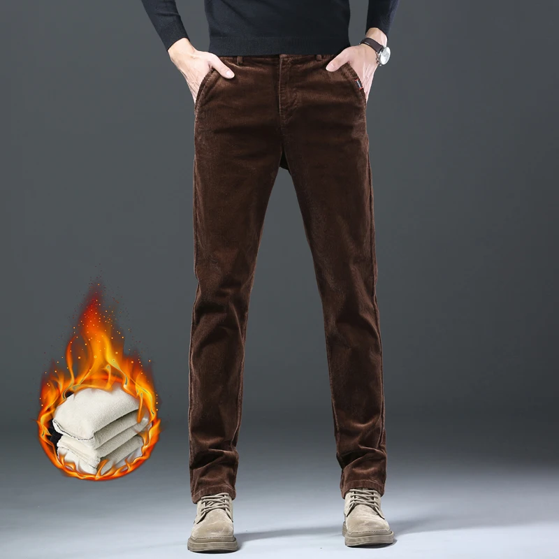 Fleece Winter Brand Men Clothing Corduroy Pants Warm Business Slim Velvet Korean Casual Trousers Male Plush Pants