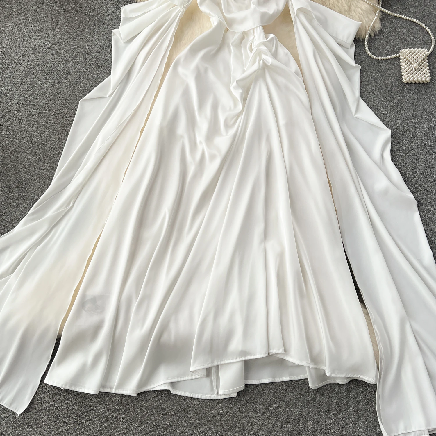 Lady Satin Silky Wedding Bride Long Dress White Festivel Birthday Dinner Banquets Party Dresses Women Honeymoon Tropical Dresses