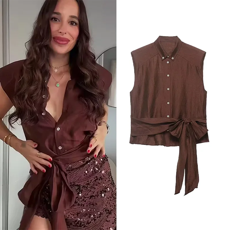 Women's Linen Top with Belt New 2026 Spring Summer Halter Neck Shoulder Pads Women Tank Top Lady Waistcoat Female Chic Tops