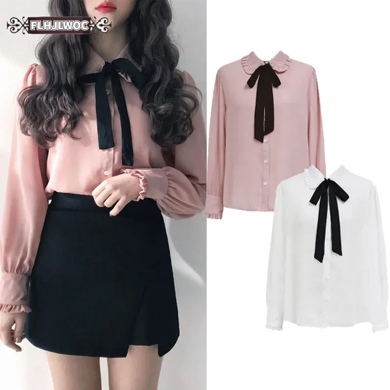 Female Tops Japan Style Girls Hot Sales Woman Fashion Autumn Long Sleeve Basic Shirt Blouse Bow Tie Ribbon Pink White Shirt e800