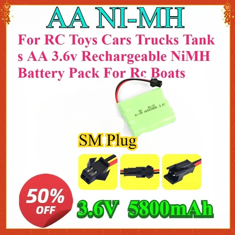 

For RC Toys Cars Trucks Tanks AA 3.6v Rechargeable NiMH Battery Pack For Rc Boats 3.6V 5800mah Ni-MH Battery SM-Plug