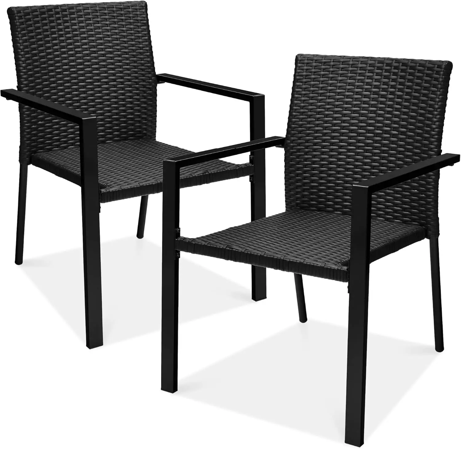 Set of 2 Stackable Outdoor Wicker Dining Chairs All-Weather Fire Pit Armchairs Steel Frame with Armrests for Patio, Garden, Yard