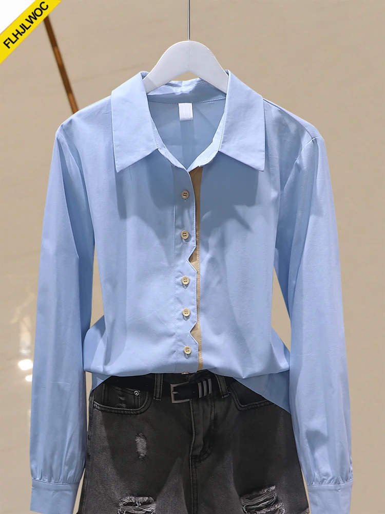 Couleurs contrastées couverture en coton Blouses Chic corée bureau dame femme bases à manches longues bleu bouton rétro Vintage chemises