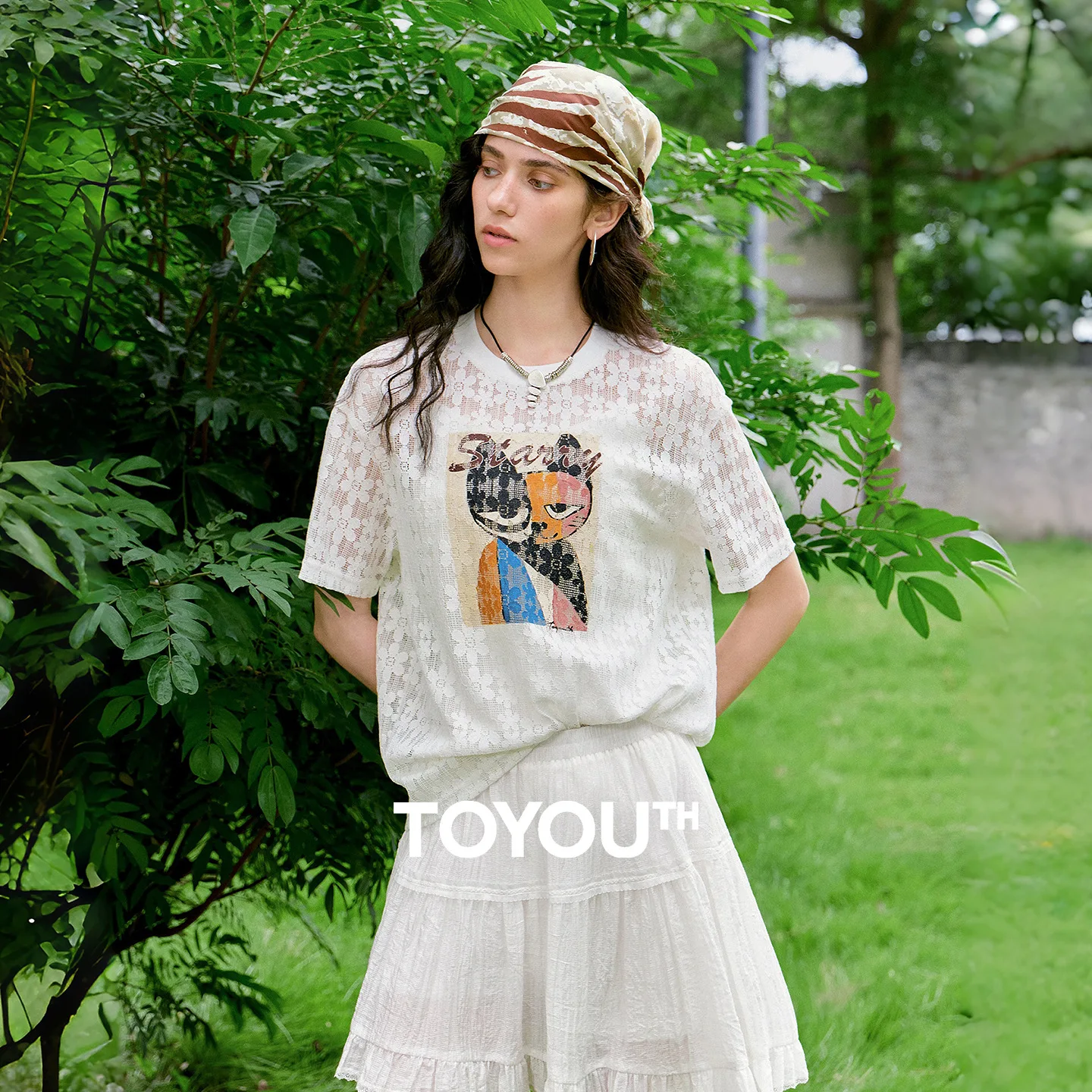 

TOYOUTH Women T Shirt Summer 2026 Qingcongquan Co branded Lace Hollow Out Artistic Cat Design Lightweight Breathable