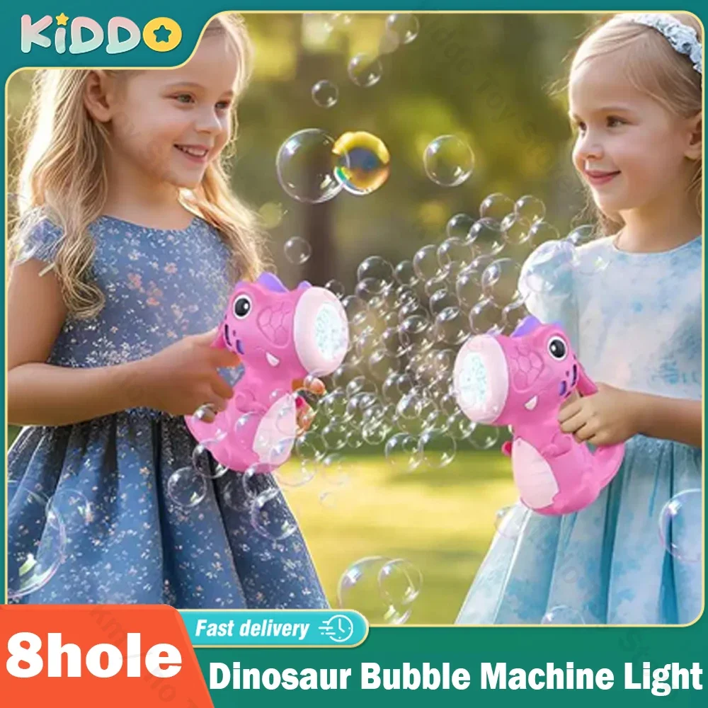 8 Hole Dinosaur Bubble Handheld Bubble Machine Fully Automatic Electric Bubble Gun with Light Soap Blower Outdoor Wedding Party